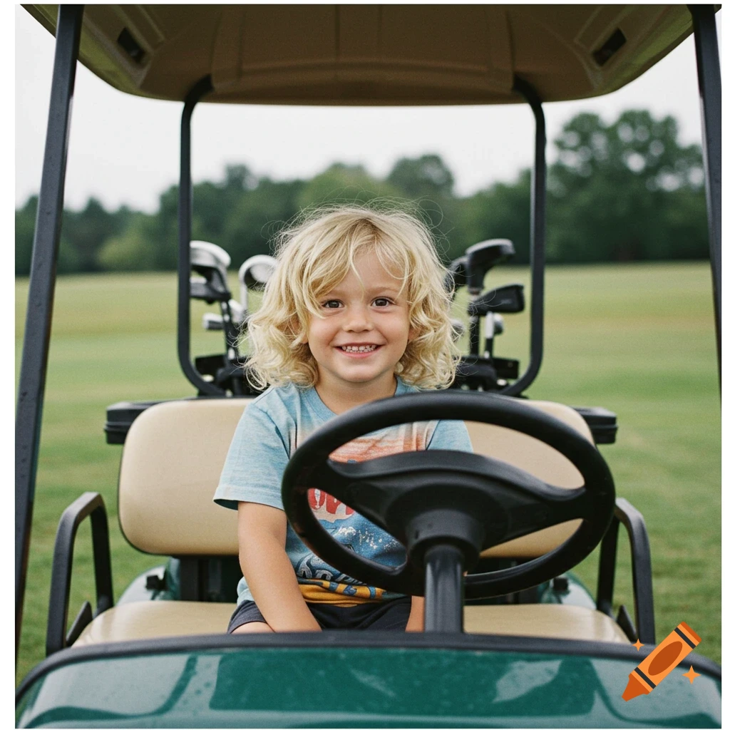 A smiling blonde boy with curly hair sits in a green golf cart on a golf course.