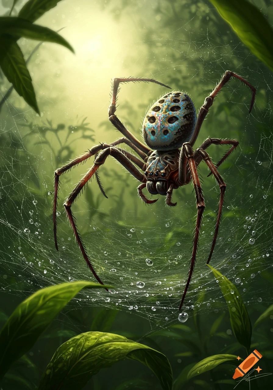 A colorful, detailed spider with a blue and black body hangs in a dew-covered web in a lush green jungle.