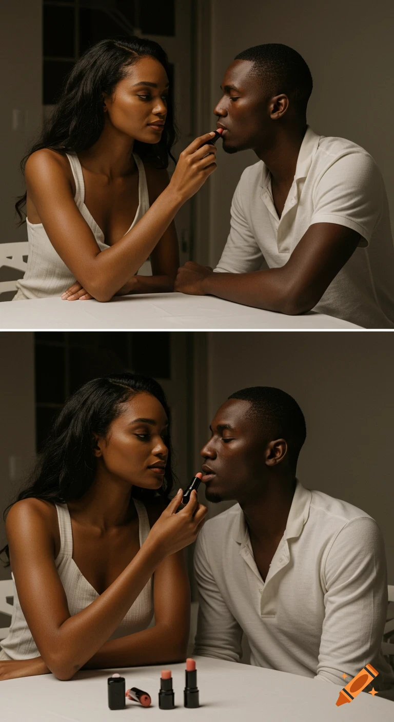 A woman applies lip balm to a man's lips in a soft, intimate close-up, with other lip balms on the table.