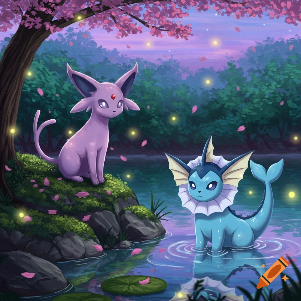 Espeon sits on a mossy rock while Vaporeon stands in a pond under a cherry blossom tree with fireflies at dusk.