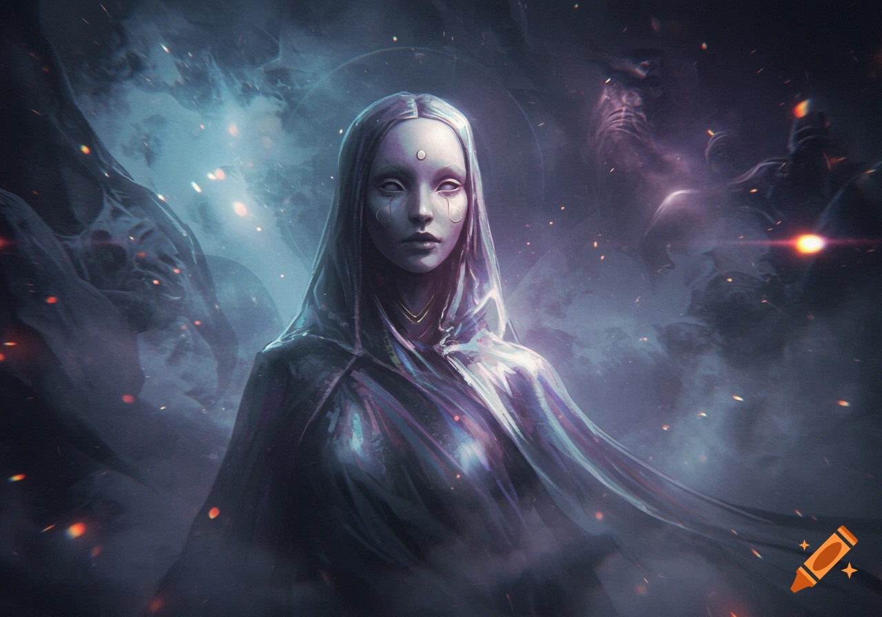 A mystical, pale-skinned figure with long hair and a hooded robe stands in a dark, ethereal landscape with floating embers.