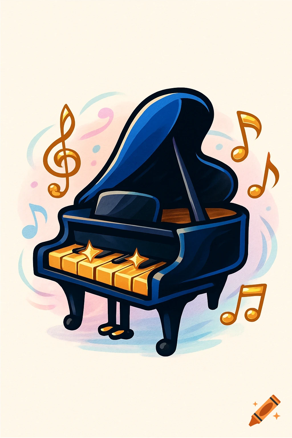 A vibrant, cartoon-style grand piano with golden keys, surrounded by floating musical notes against a light background.