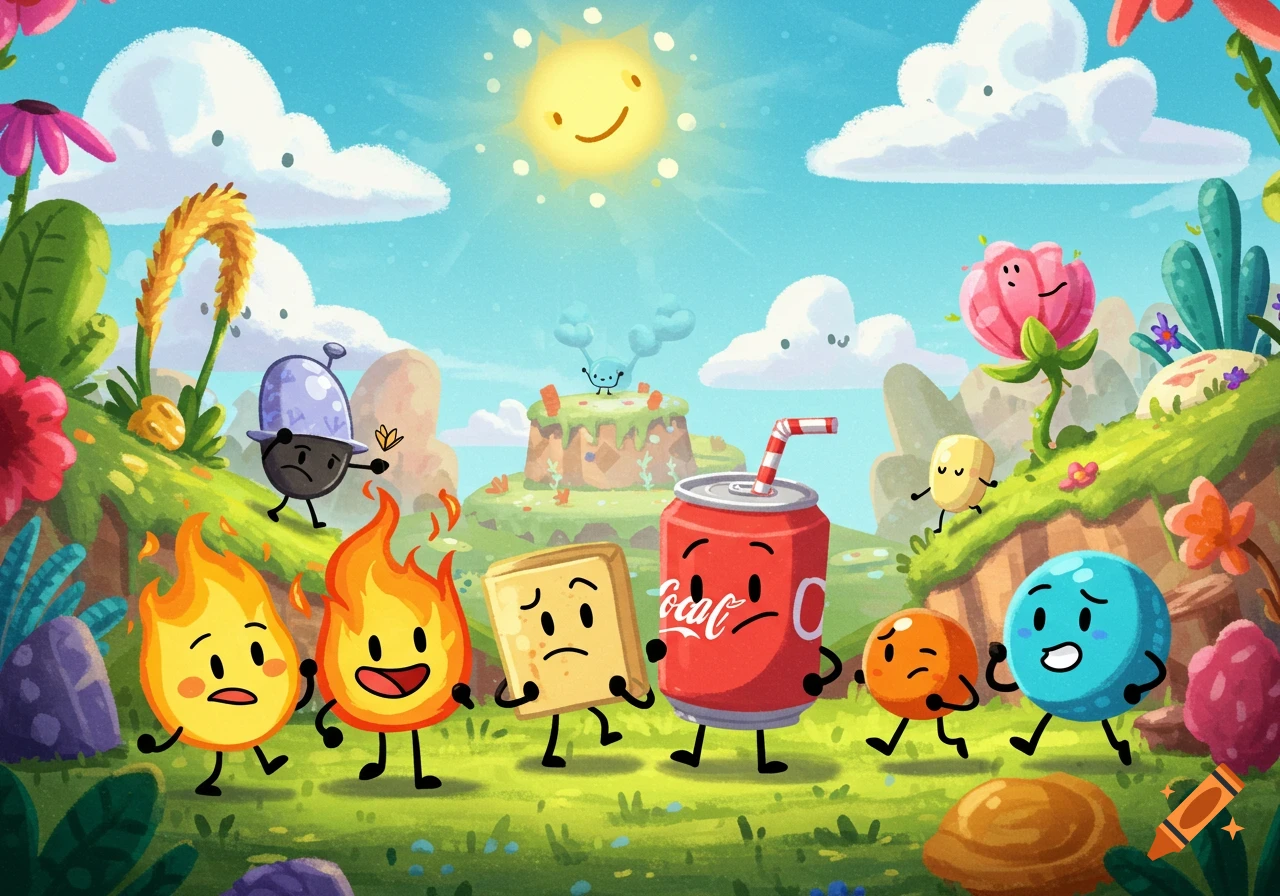 A vibrant cartoon landscape with anthropomorphic characters including two fires, a toaster, a soda can, and various colorful objects, under a smiling sun.