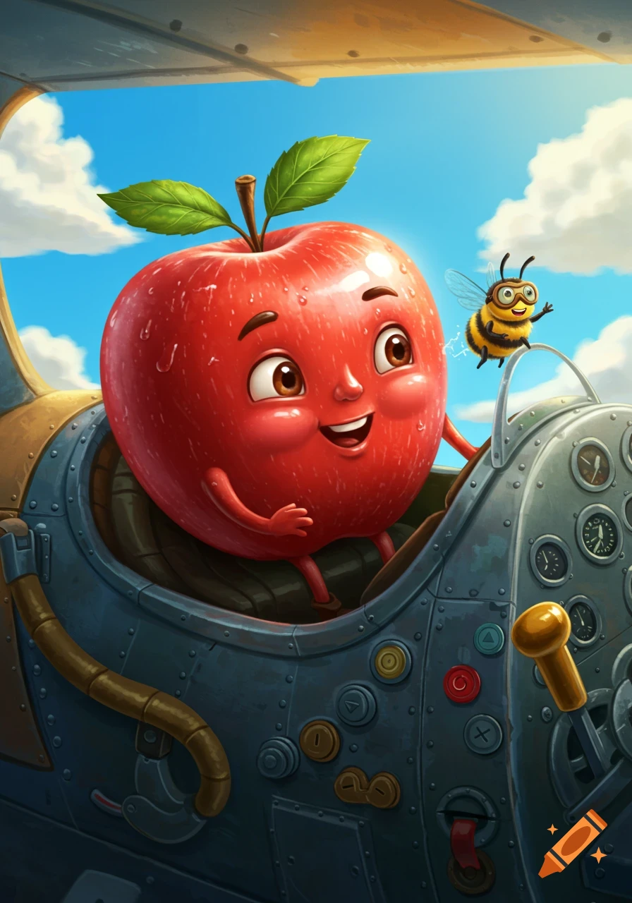 A cheerful anthropomorphic red apple pilots a plane, with a bumblebee riding along on the side, under a clear blue sky.