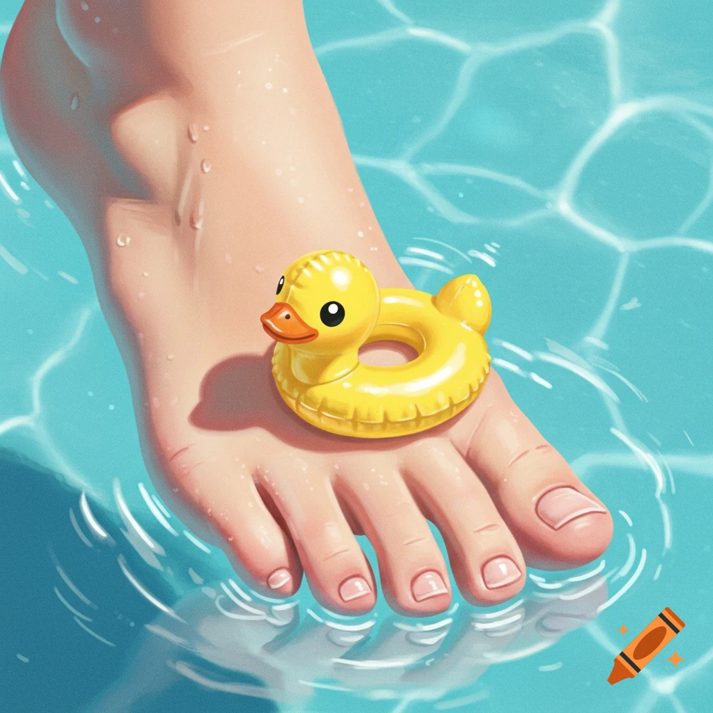 A person's foot with a small yellow inflatable duck on top, partially submerged in clear blue water.