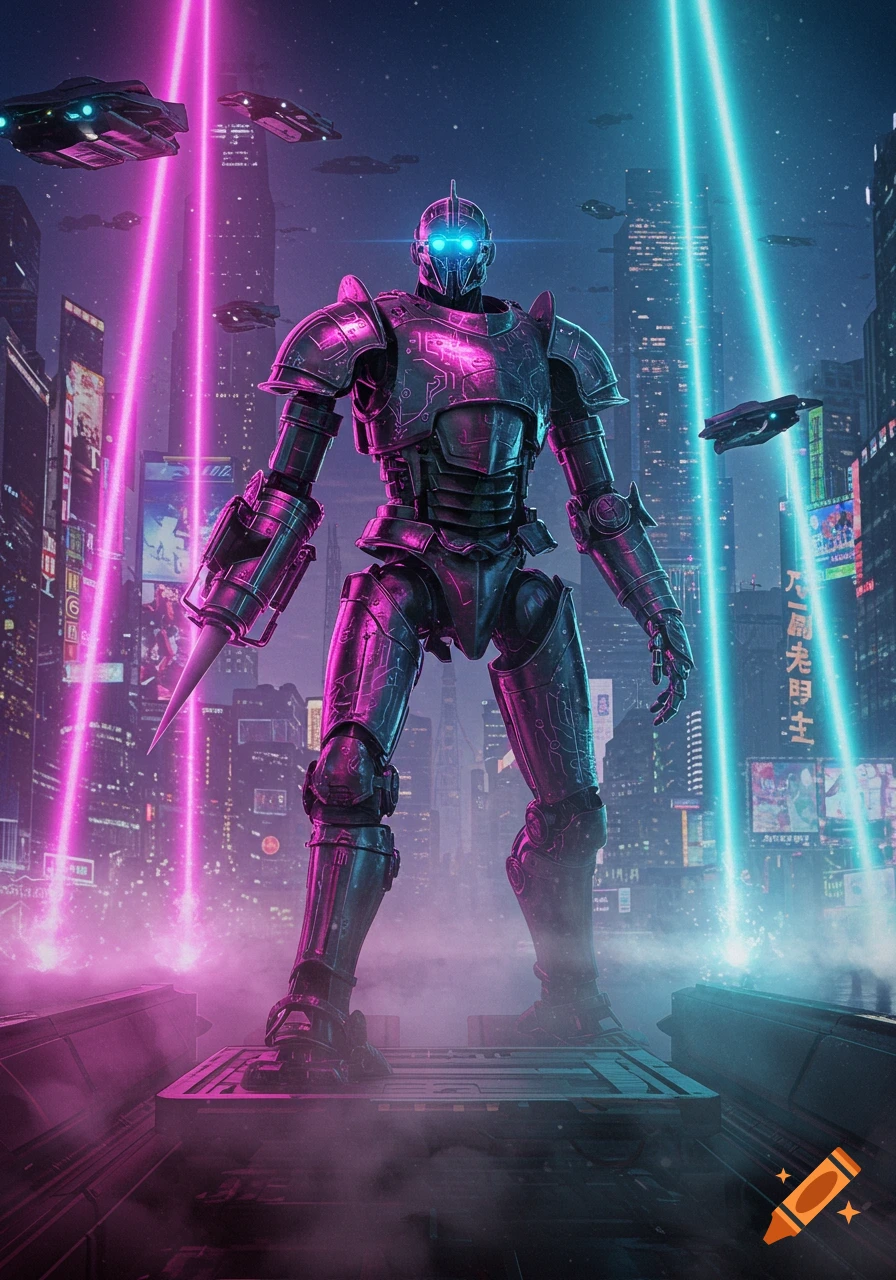 A majestic robot knight stands in a vibrant, neon-lit cyberpunk city with flying vehicles and glowing beams.