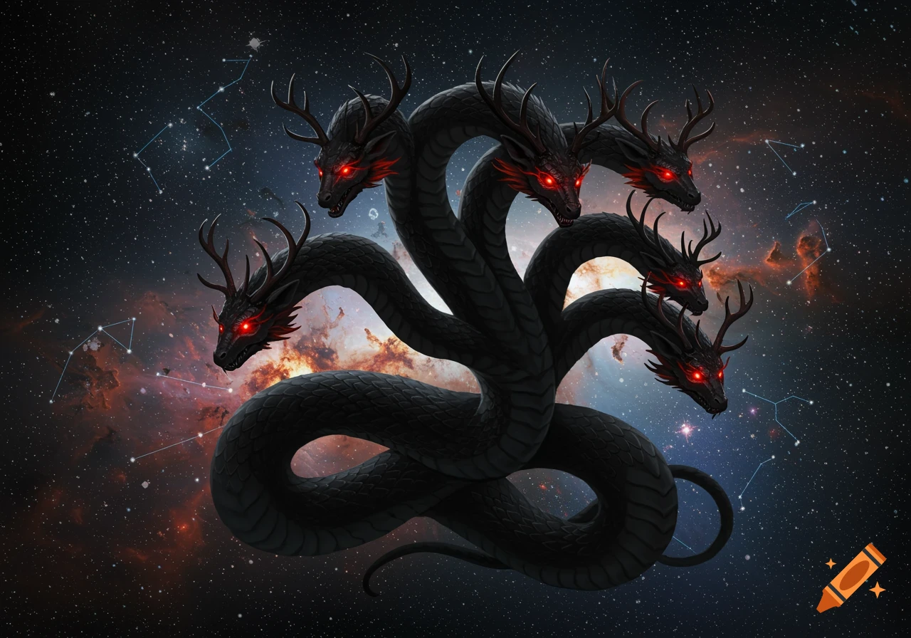 A multi-headed black dragon-like creature with glowing red eyes and antlers floats in deep space among stars and nebulae.