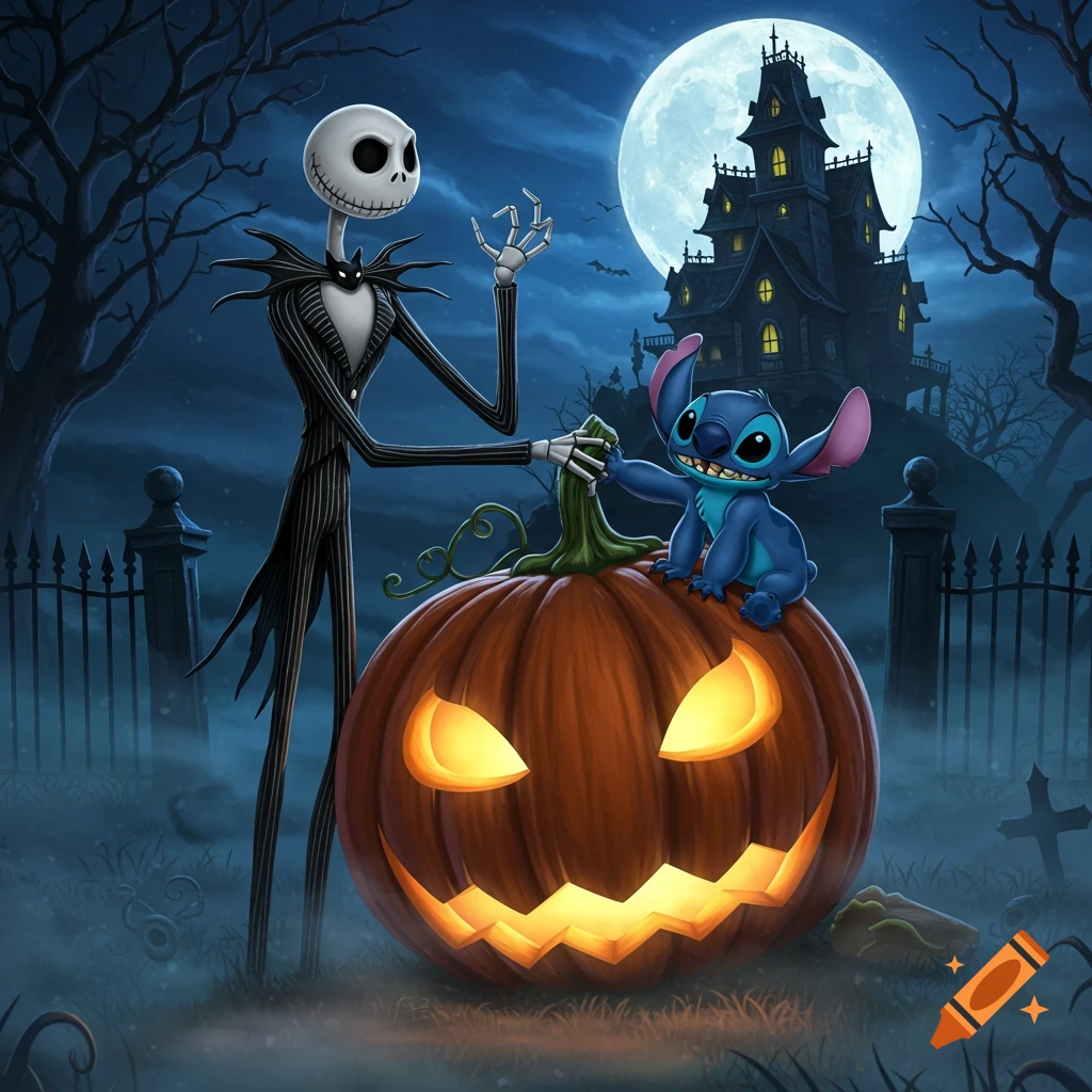 Jack Skellington and Stitch on a large glowing jack-o'-lantern in front of a haunted mansion under a full moon.