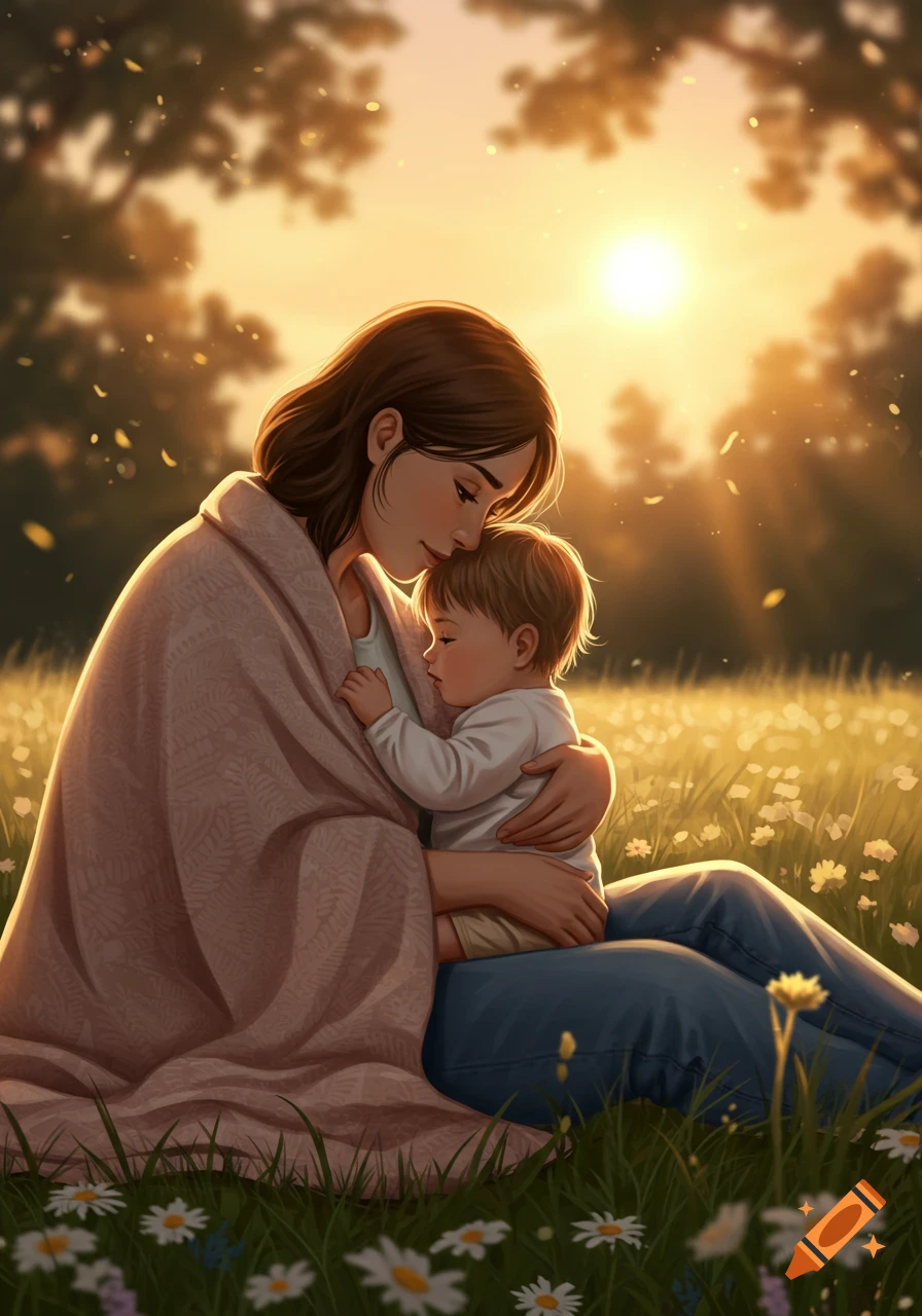 An illustration of a mother embracing her young child in a sunlit meadow, evoking love and tenderness.