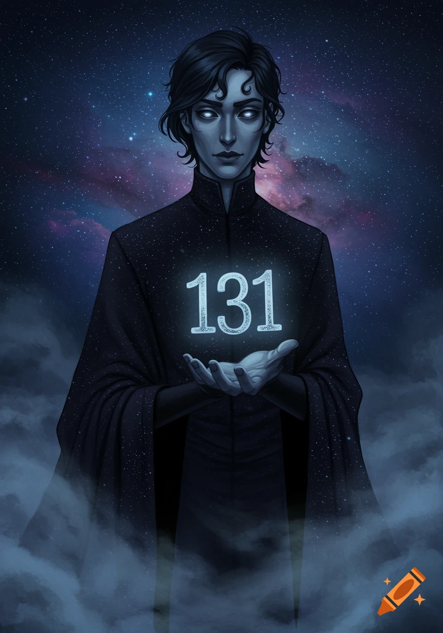 A dark-haired figure with glowing eyes and a dark robe holds a glowing number "131" against a cosmic starry background.