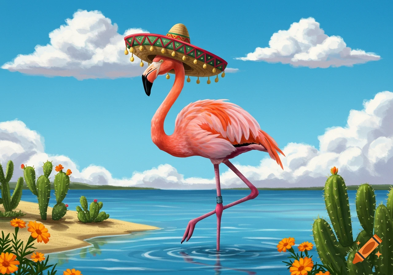 A vibrant pink flamingo wearing a large sombrero stands in blue water near a sandy shore with cacti and orange flowers.