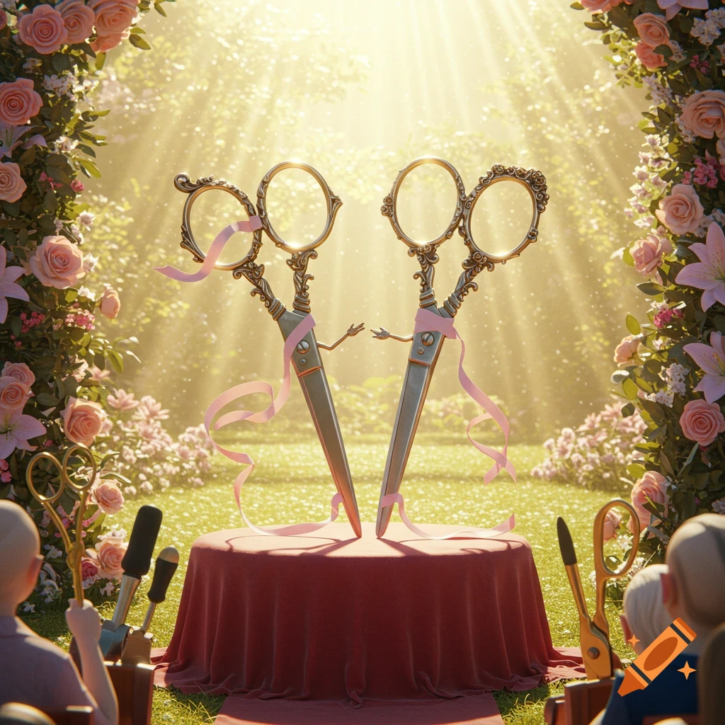 Two ornate anthropomorphic scissors tied with pink ribbons stand on a red table, getting married in a sunlit rose garden with guests.