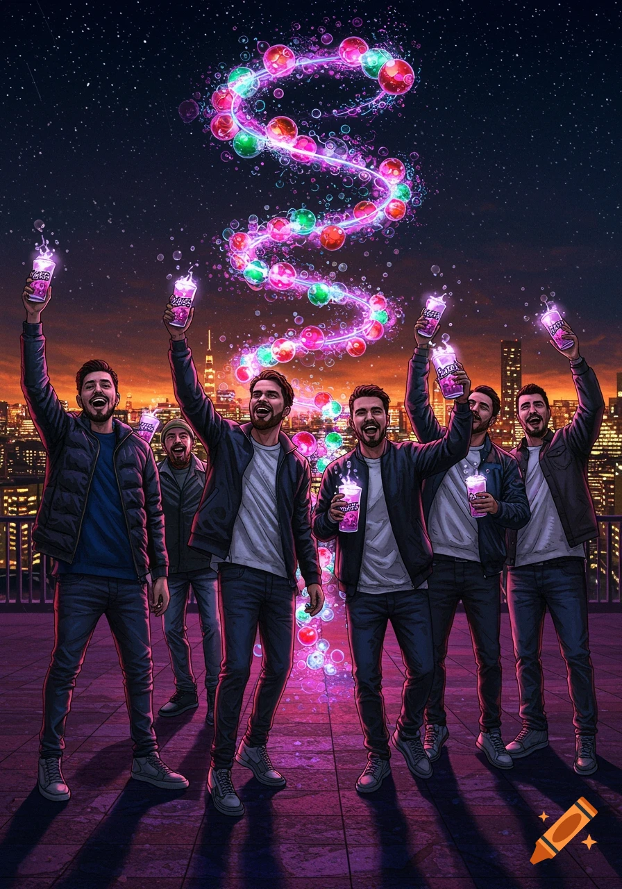A group of men on a rooftop at night, celebrating with glowing drinks as a vibrant, spiraling light formation rises into the sky above a city skyline.