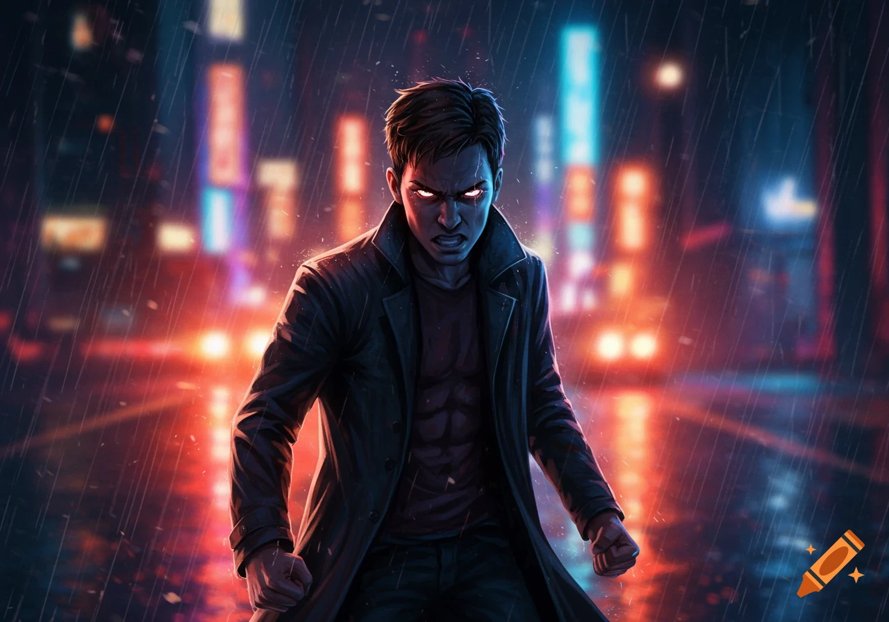 An angry man with glowing white eyes and a dark trench coat stands in a rainy, neon-lit cyberpunk city street.