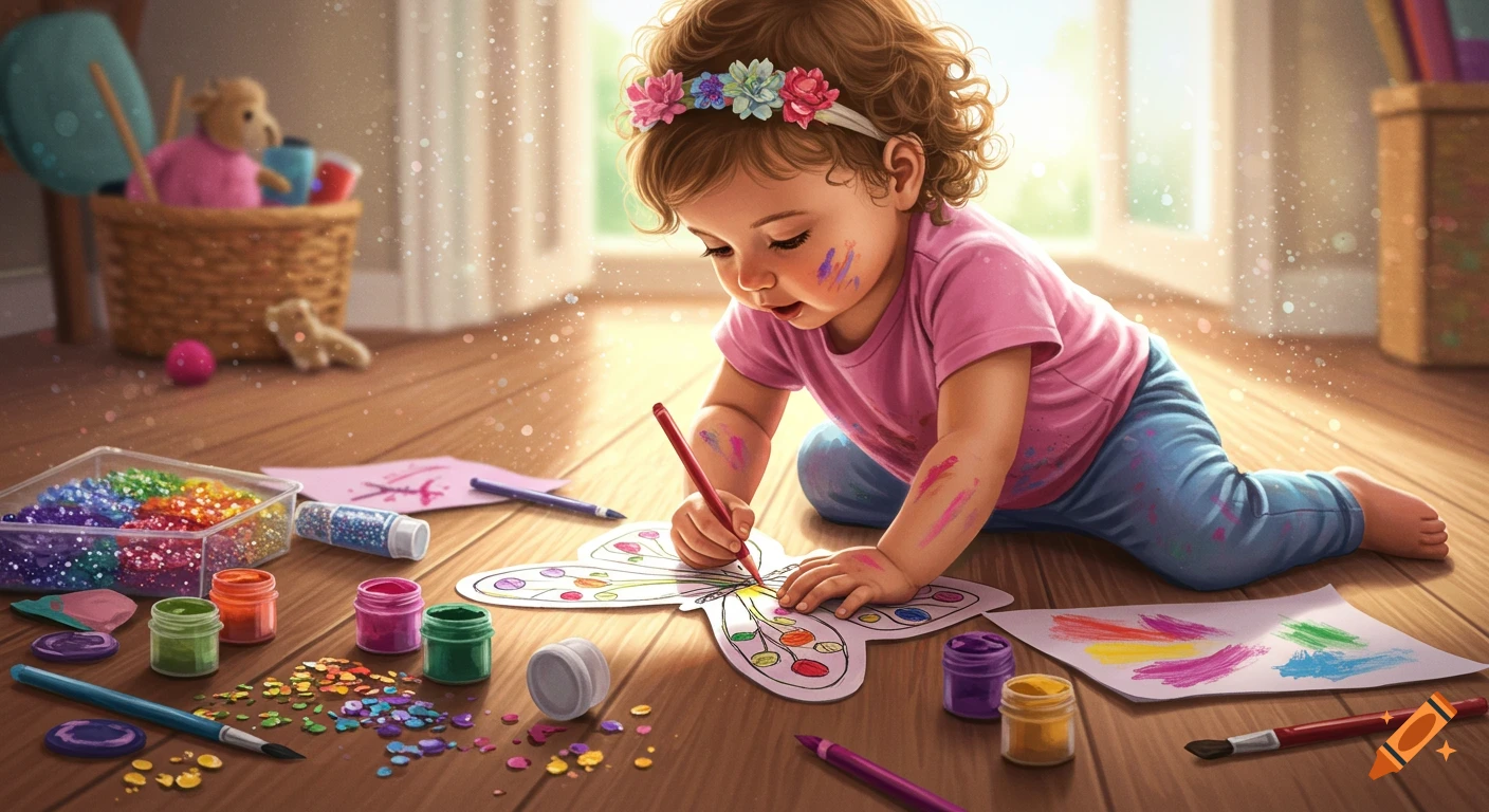 A toddler girl colors a butterfly on a wooden floor, surrounded by craft supplies. Her face and arms have colorful paint smears.