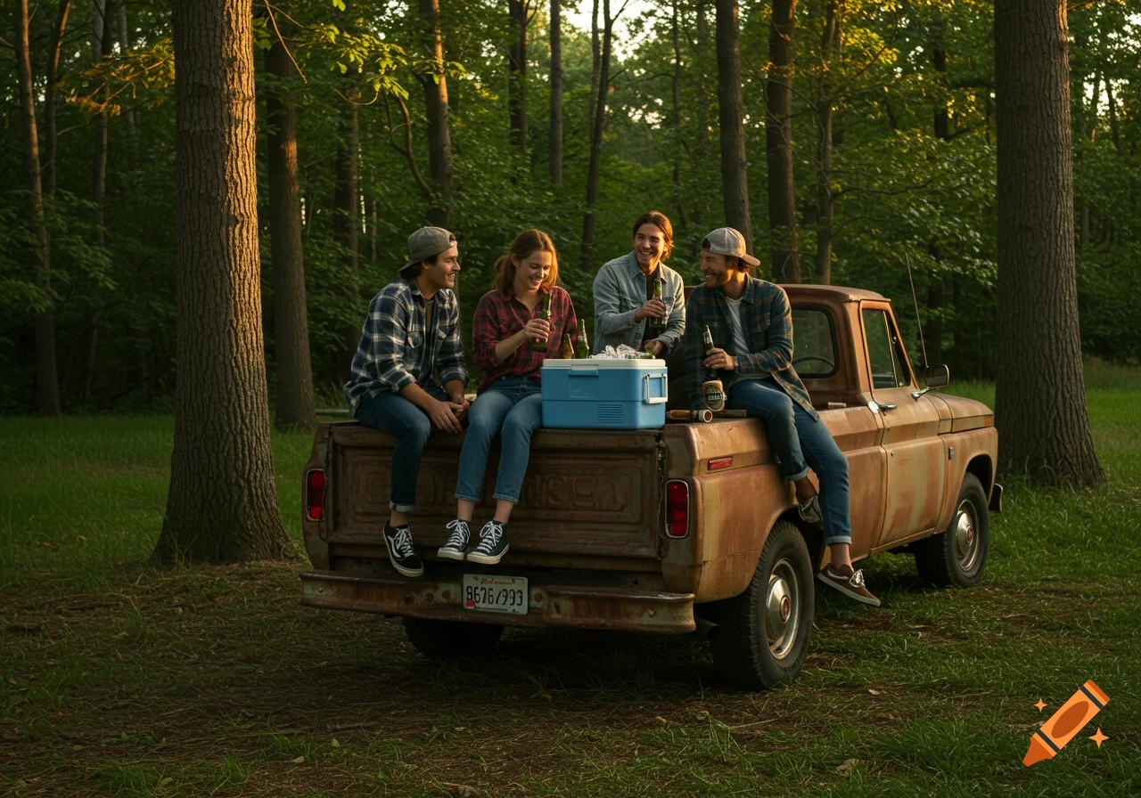Four friends sitting on the tailgate of an old rusty pickup truck in the woods, drinking beer and laughing.