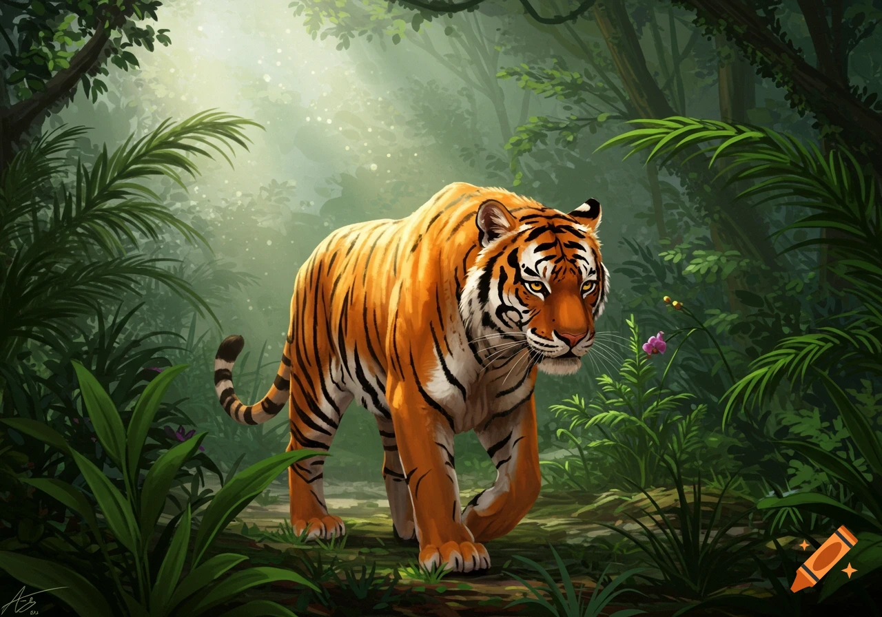 An orange and black striped tiger walks through a lush, sunlit jungle, illustrated in a vibrant art style.