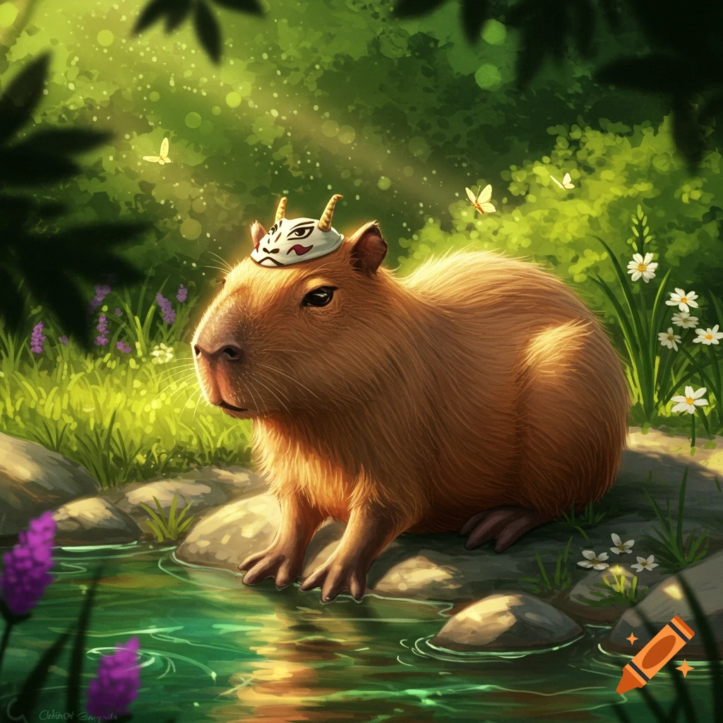A capybara wearing a white and red mask on its head sits by a stream in a sunlit forest with purple and white flowers.