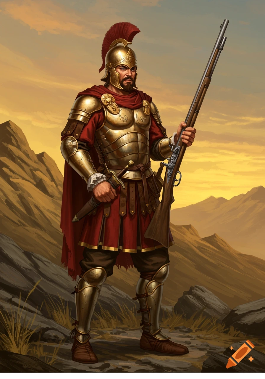 A warrior in golden armor and red cape stands in a mountainous landscape at sunset, holding a flintlock rifle and sword.