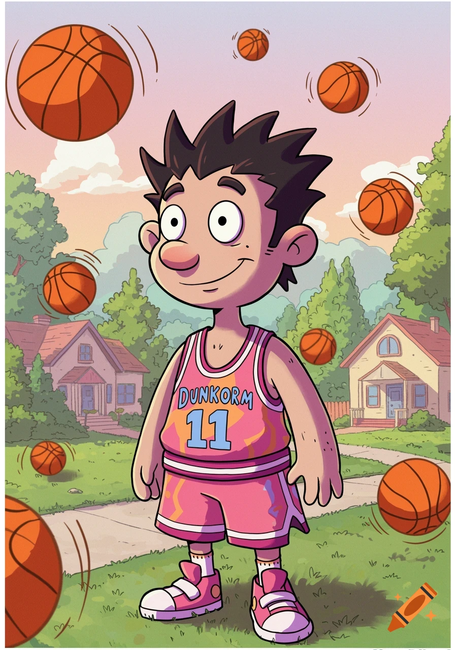 A cartoon boy in a pink basketball jersey with "DUNKORM 11" on it, surrounded by flying basketballs in a sunny neighborhood.