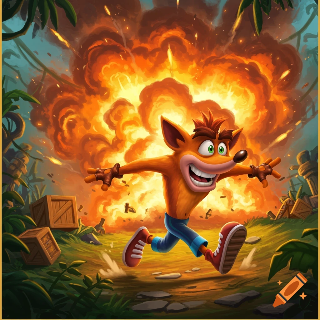 Crash Bandicoot, a cartoon bandicoot, runs with a wide grin from a massive fiery explosion in a lush jungle setting.