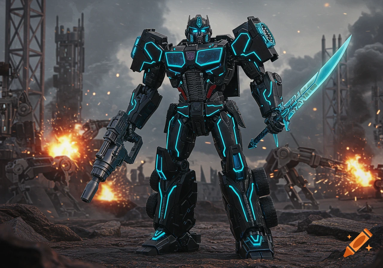 A powerful black Autobot transformer with glowing blue accents stands amidst a fiery battleground, holding a minigun and a glowing blue sword.