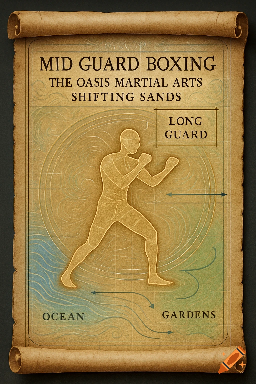 A stylized gold silhouette of a boxer on an old scroll with text about Mid Guard Boxing and Oasis Martial Arts.