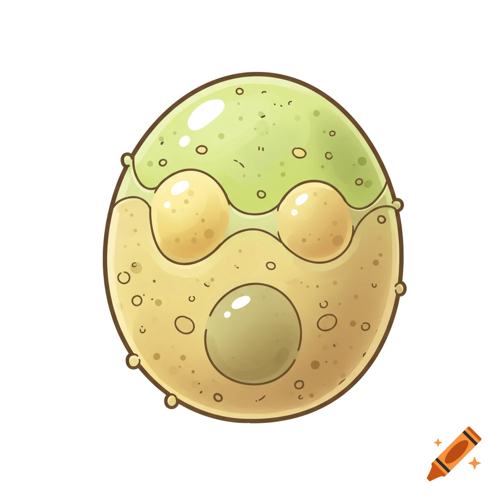 A cartoonish green and beige egg with speckles and glossy highlights.