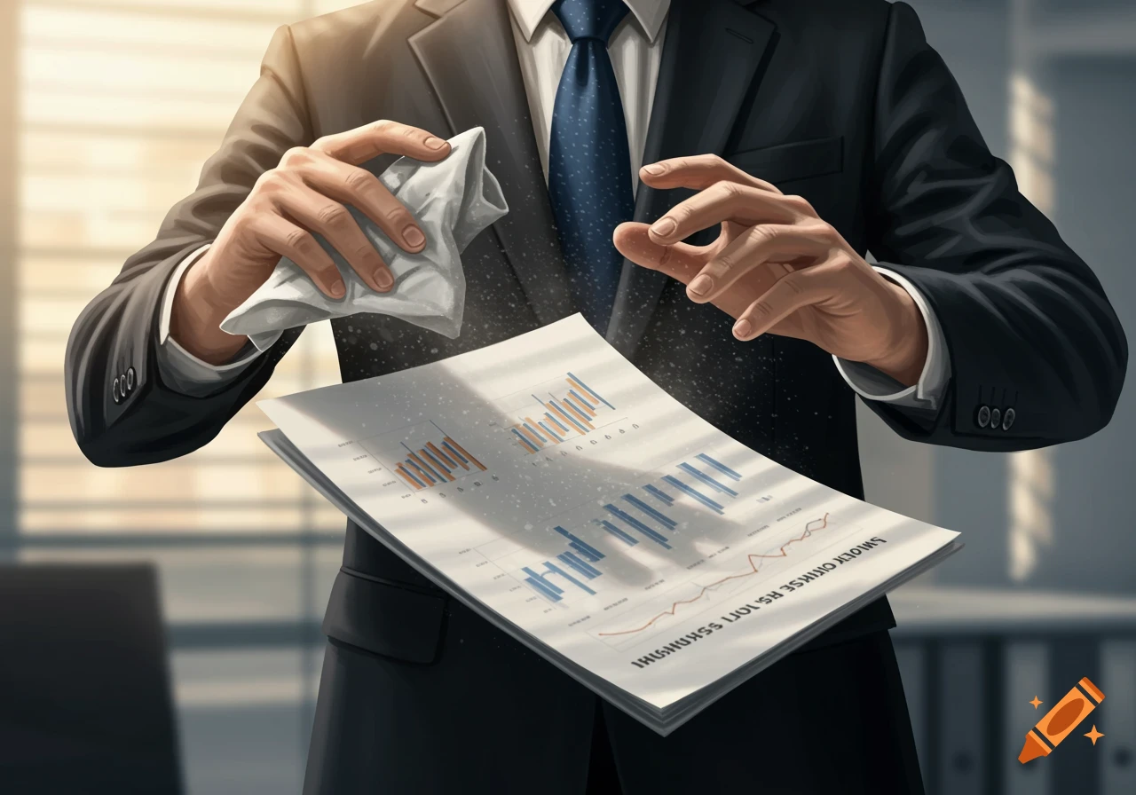 A person in a suit mimes wiping dust off a business report filled with charts, in a realistic illustration style.