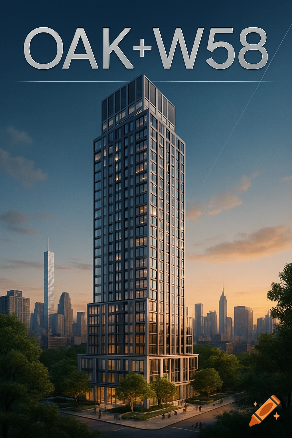 A photorealistic image of a tall, modern high-rise building with 'OAK+W58' at the top, against a city skyline at sunset.