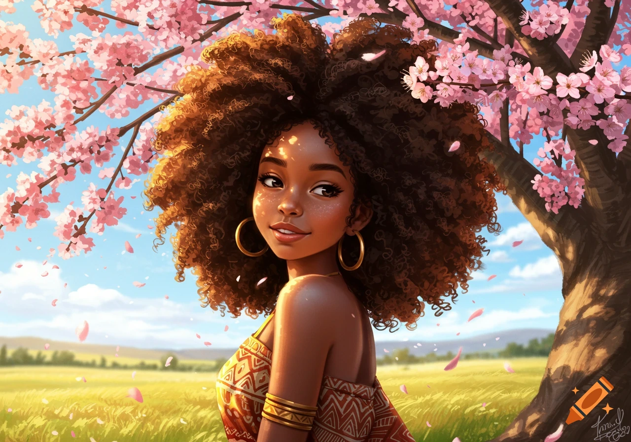 A smiling Black woman with an afro hairstyle under pink cherry blossoms in a vibrant, sunny field, in a stylized fantasy art style.