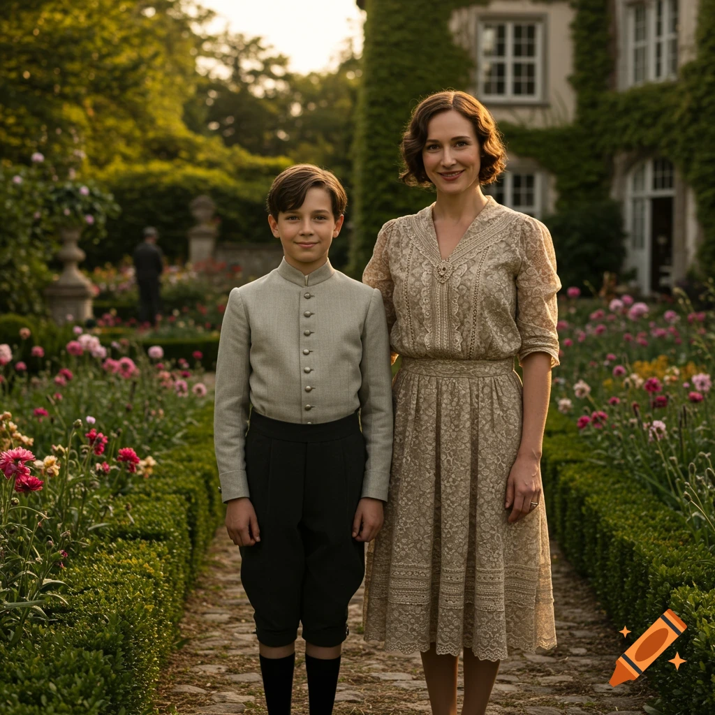 A woman and a young boy stand in a lush garden path in front of a grand house, dressed in 1930s period clothing.