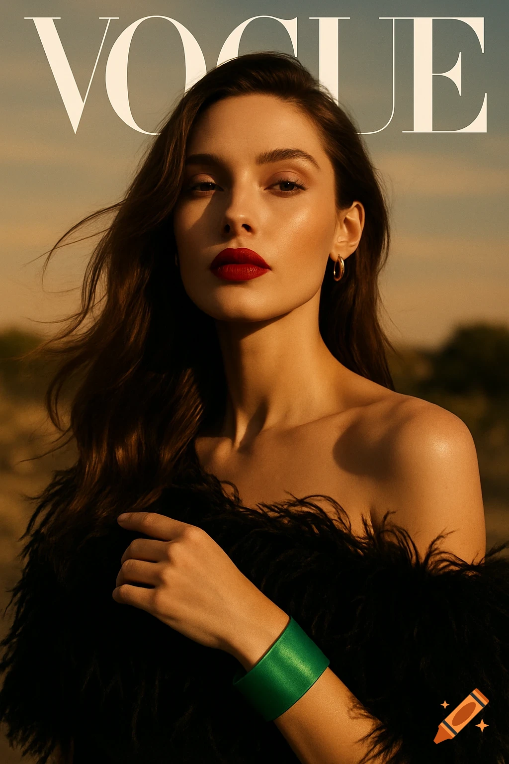 Elegant woman with red lips and a feathered top on a Vogue magazine cover, outdoors at sunset.