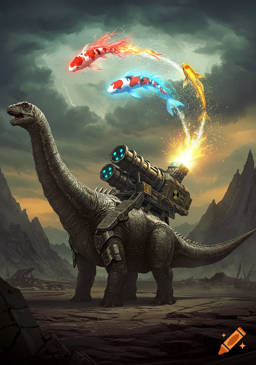 A large dinosaur with a mounted rocket launcher fires glowing koi fish into a stormy sky.