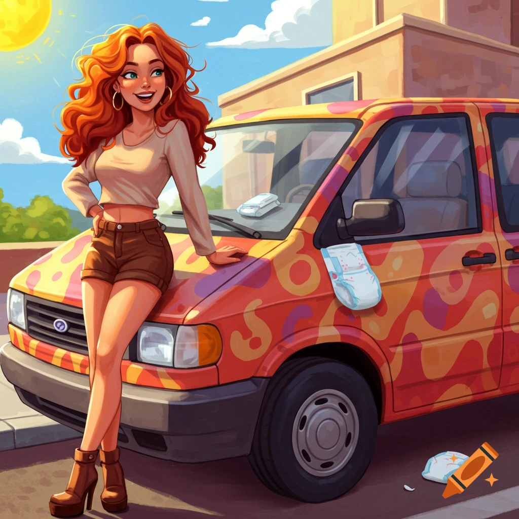 A cartoon woman with red curly hair leans on a colorful, patterned minivan under a sunny sky.