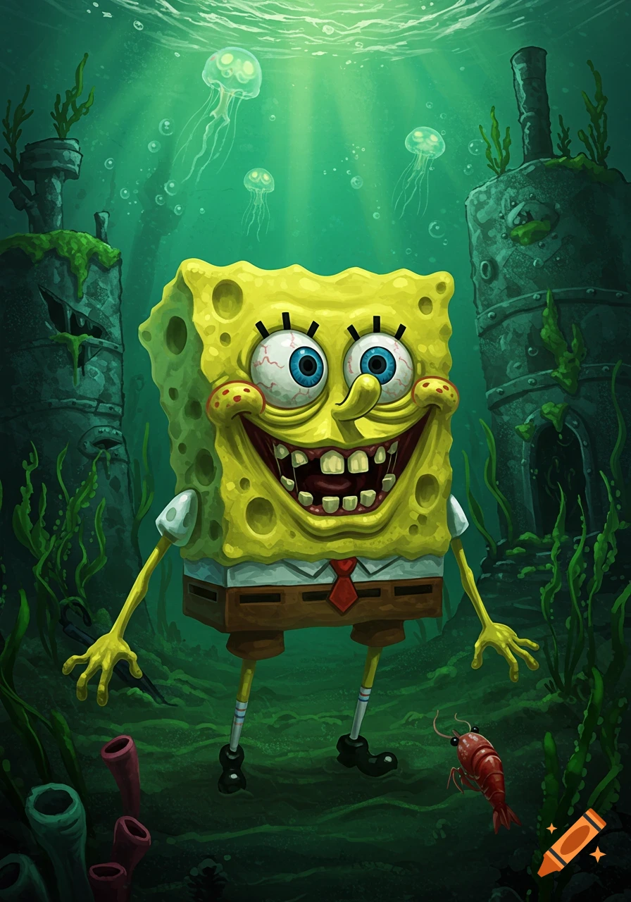 A grotesque Spongebob Squarepants with rotting teeth and bloodshot eyes smiles unsettlingly in a murky green underwater scene.