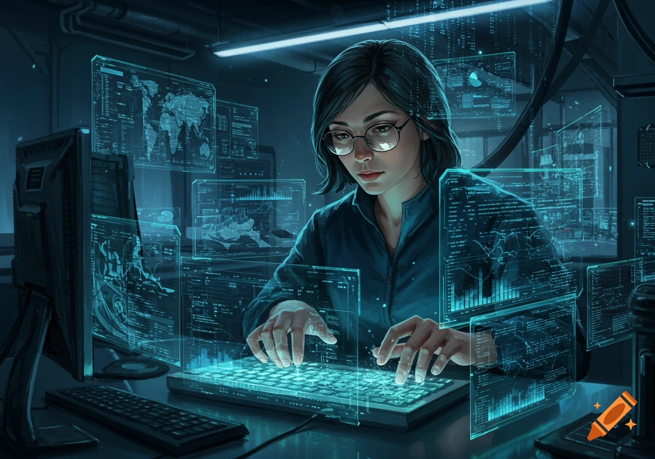 A female computer scientist in glasses works on a futuristic glowing keyboard surrounded by holographic data screens.
