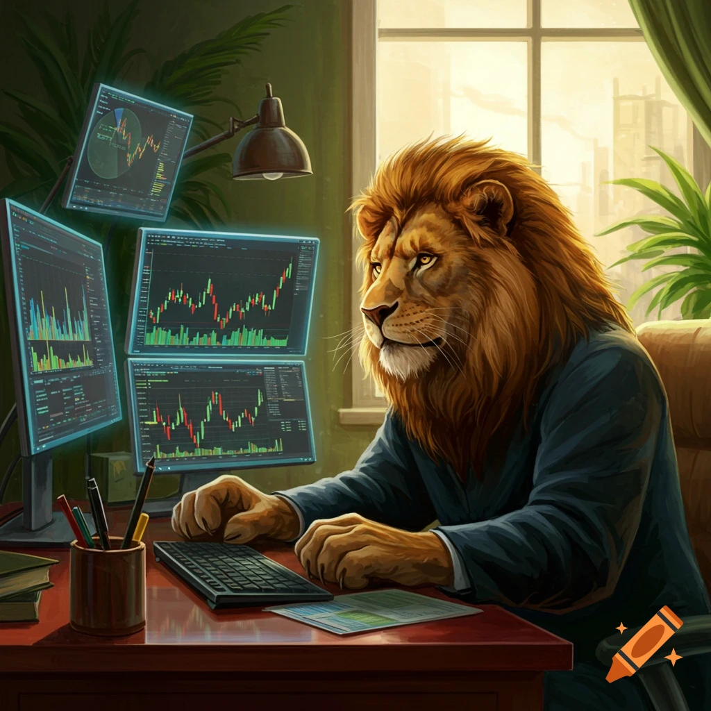 A majestic lion in a business suit sits at a desk, intently looking at multiple computer monitors displaying stock market charts in an office setting.