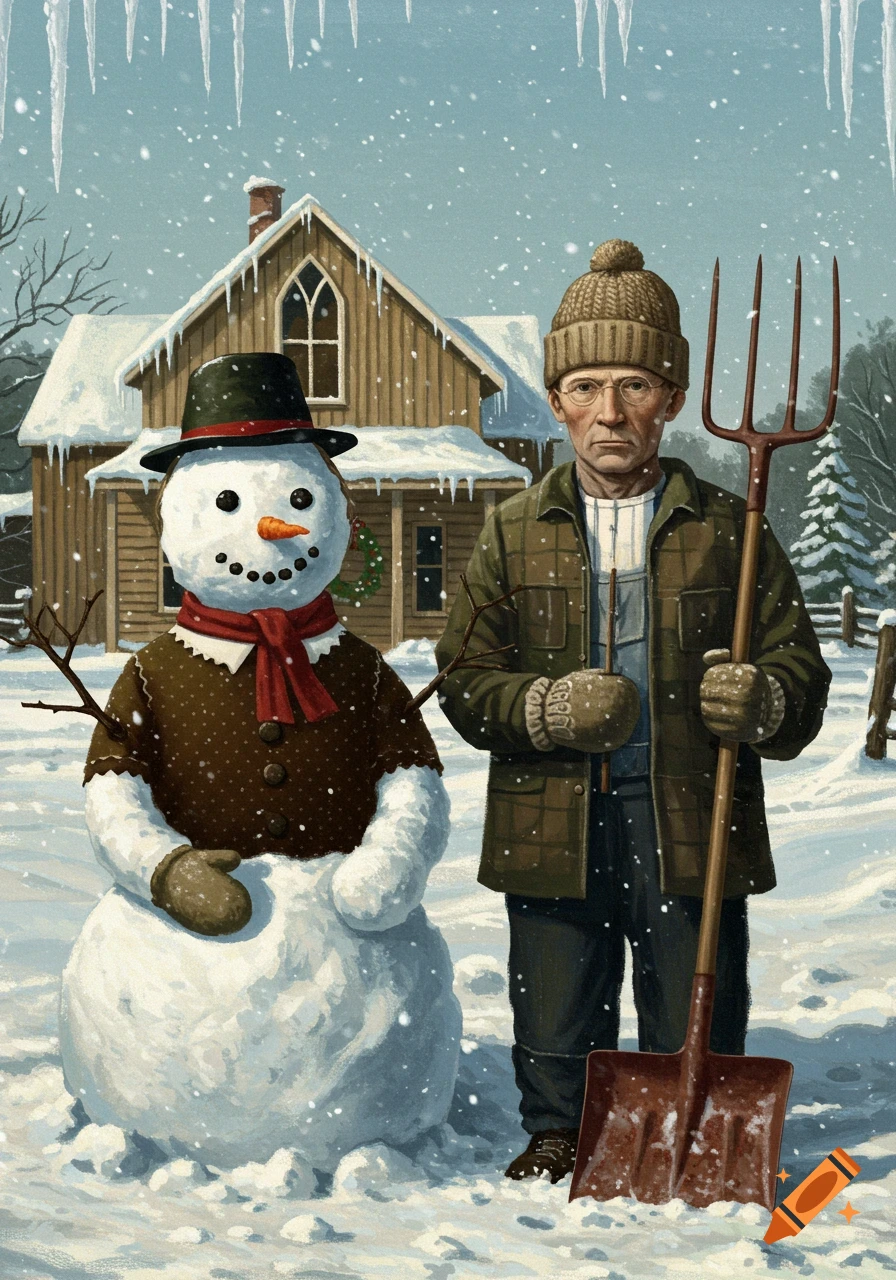 A man holding a pitchfork and shovel stands with a snowman wearing a hat and scarf in a snowy winter scene, reminiscent of American Gothic.