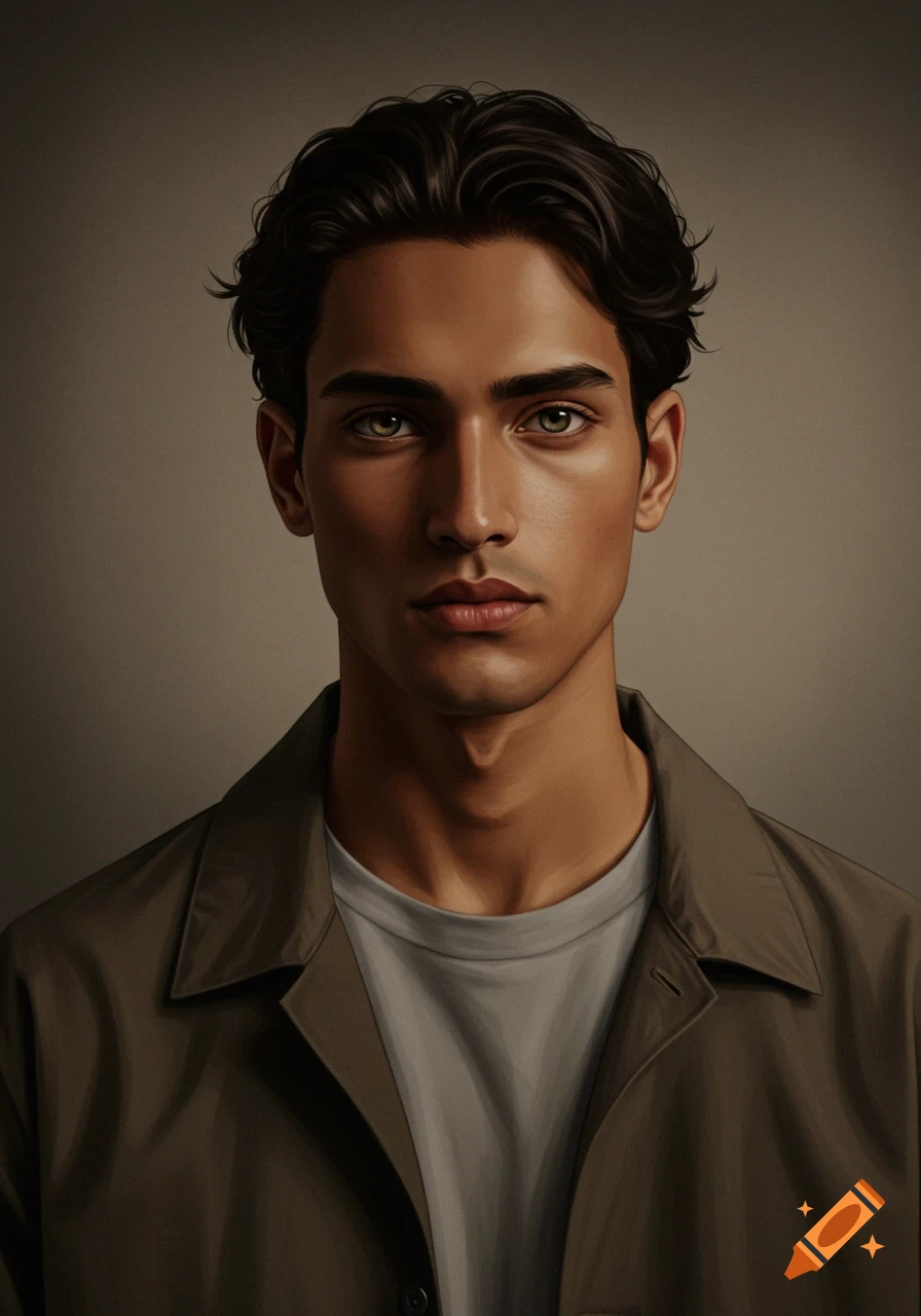 Close-up portrait of a young man with dark wavy hair, green eyes, sharp features, and an olive skin tone, in a realistic digital art style.
