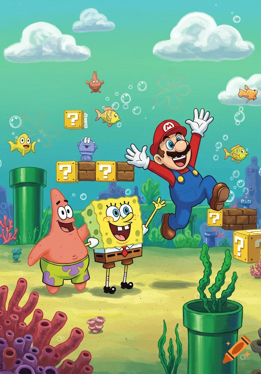 Mario, Spongebob, and Patrick Star in a vibrant underwater cartoon scene with Super Mario blocks.