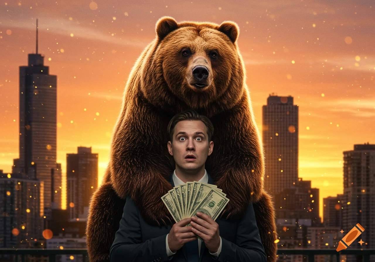 A man with wide eyes holds a fan of money with a large bear standing directly behind him, against a sunset cityscape with golden particles.
