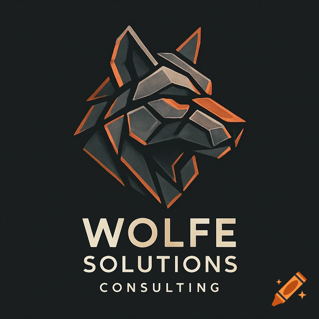 A dark gray geometric wolf head logo with burnt orange accents, above 'WOLFE SOLUTIONS CONSULTING' in sans-serif text.