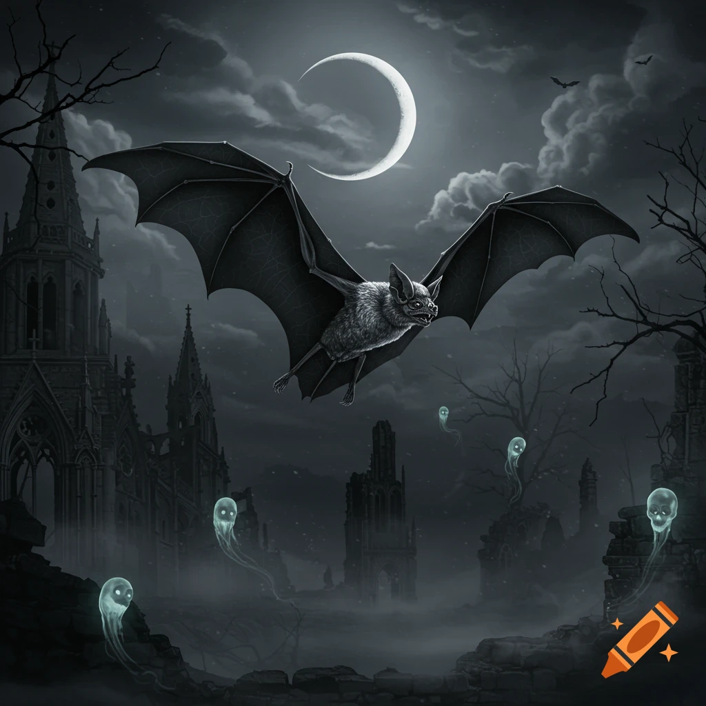 A large bat flies through a dark, misty gothic landscape with ruined churches and glowing ghosts under a crescent moon.
