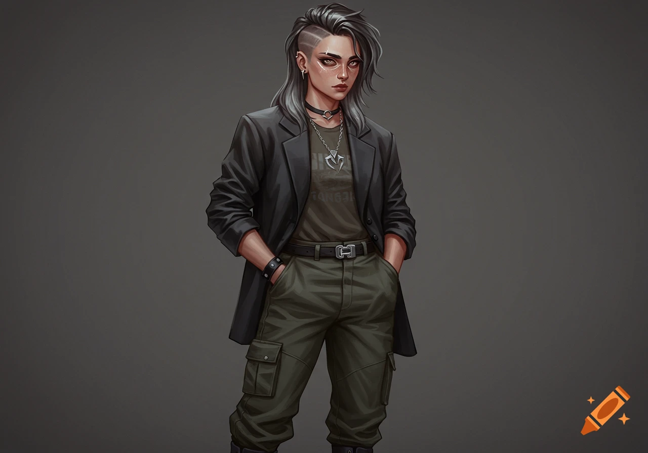 A semi-realistic drawing of a young woman with a long mullet, wearing a black blazer, cargo pants, and a graphic tee.
