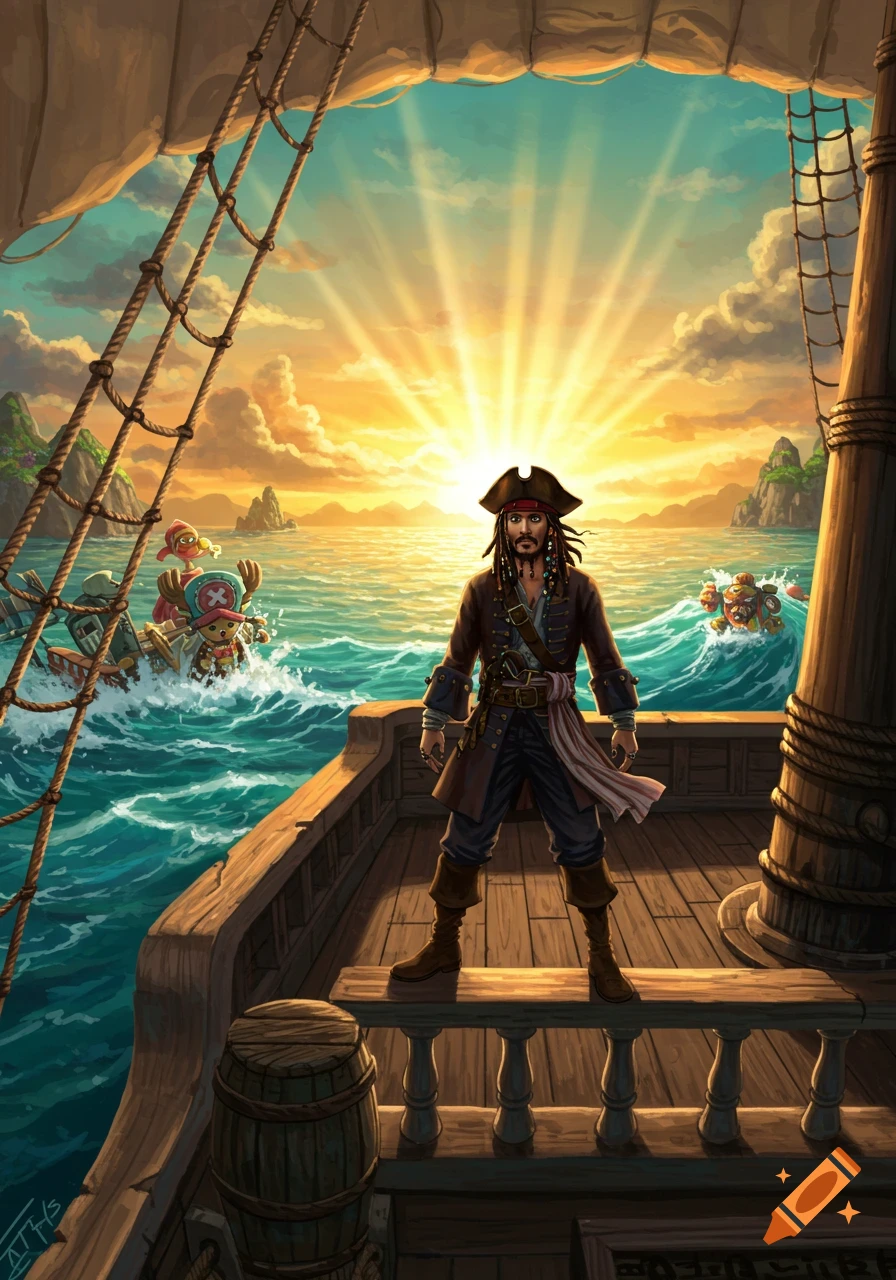 A cartoon illustration of Jack Sparrow standing on a pirate ship at sunset, with One Piece characters Chopper and Franky in the ocean.