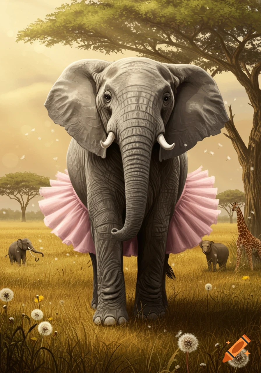 A large elephant wearing a pink tutu stands in a grassy savannah with trees, a giraffe, and other elephants in the background.