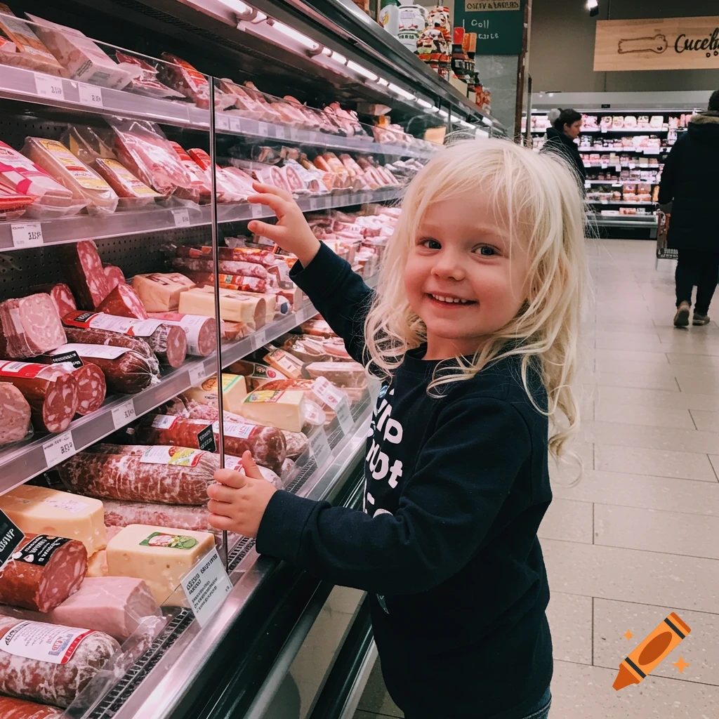 A smiling young child with blonde hair leans on a glass barrier in a supermarket deli aisle, reaching towards the meat and cheese display.