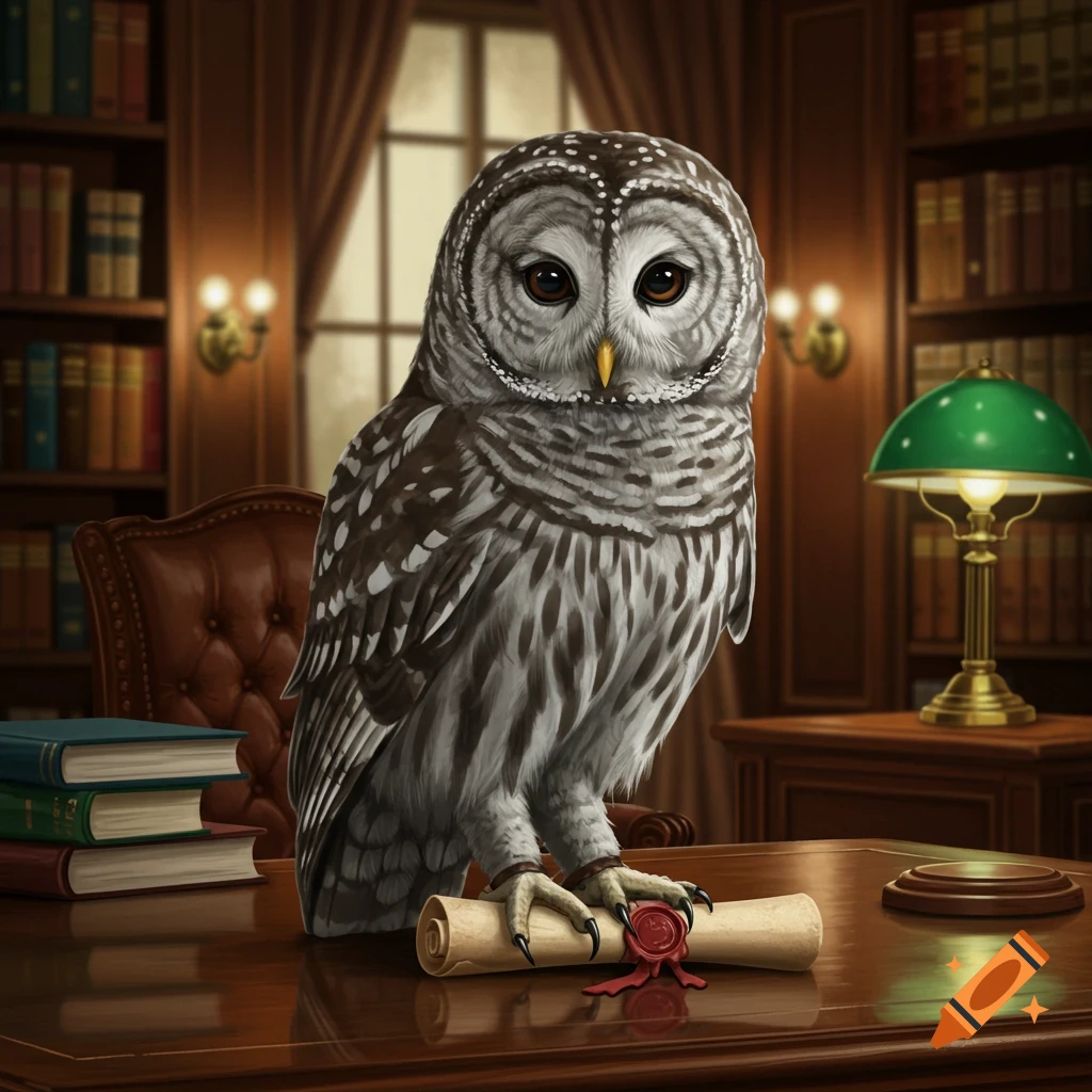 A barred owl sits on a wooden desk in a library, holding a scroll with a wax seal.