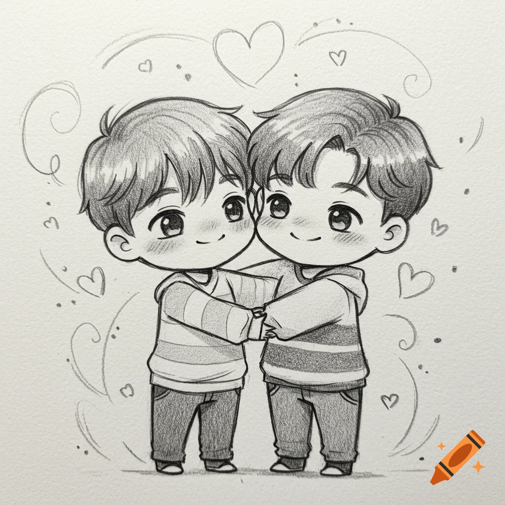 A black and white pencil sketch of two cute chibi boys embracing with hearts around them.